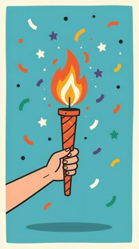 Hand holding a lit torch with confetti. Celebration of victory and success in a competition. Mardi Gras or sporting event graphic illustration