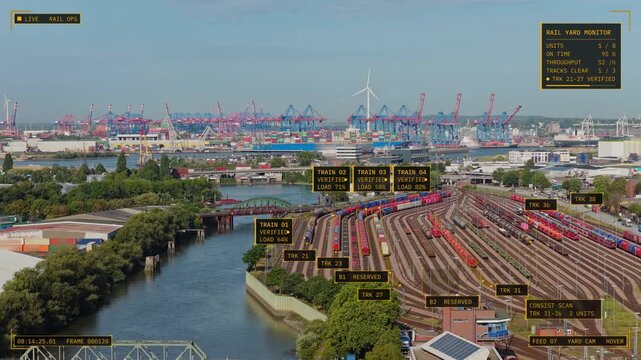 Aerial hover view of Hamburg, Germany: freight rail yard by a canal and port cranes with amber operations HUD overlay, train IDs, track labels, status panel. Concept of rail freight, smart port