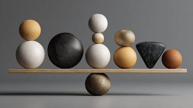 Equality Concept - diverse abstract geometric forms arranged at equal height on a balanced structure, representing equality and human rights, sophisticated 3D commercial concept, photorealistic