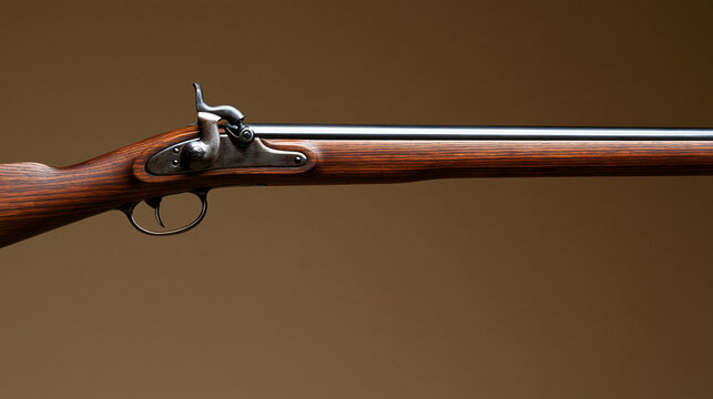 Replica 19th century rifle featuring a traditional wooden stock and metal barrel, historical firearm concept, with copy space