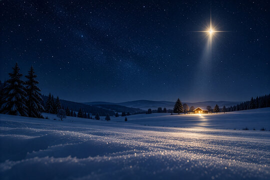 Guiding Star Above a Snowy Winter Landscape as a Symbol of Hope, Advent and Christmas