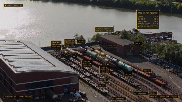 Aerial hover view of Hamburg, Germany: tank wagons on sidings by a brick engine shed with amber operations HUD overlay, tank IDs, track labels, status panel. Concept of rail freight, logistics