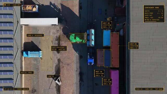 Aerial top down view of Hamburg, Germany: truck and reach stacker in a port yard with amber operations HUD overlay, tracking boxes, unit IDs, status panel. Concept of smart port, fleet management