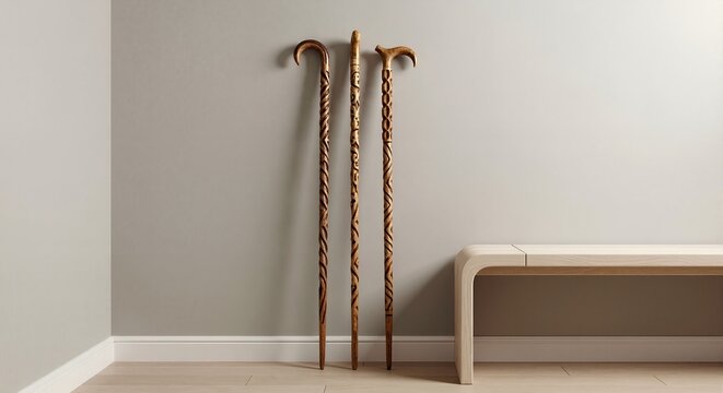 Three intricately carved wooden walking sticks leaning against a wall. A collection of handmade canes showcasing traditional craftsmanship and folk art