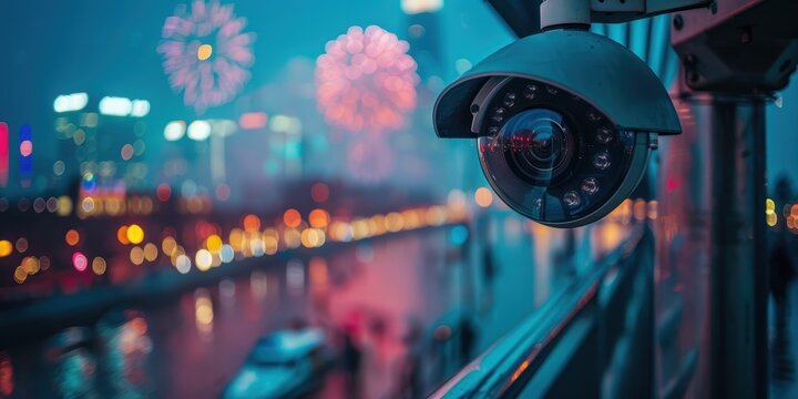 Security camera capturing fireworks over a river view at twilight