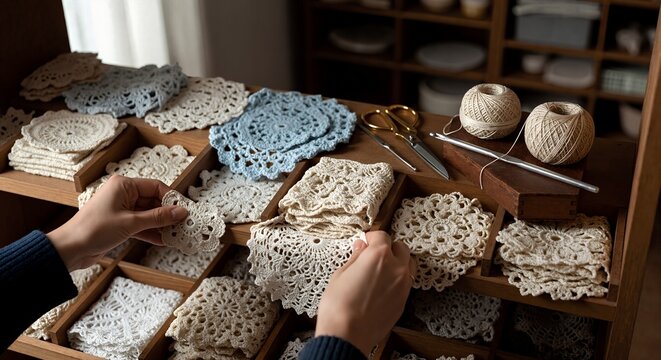 Hands choosing a handmade crochet doily from a wooden shelf organizer. Crafting hobby with yarn and tools. Traditional artisan needlework.