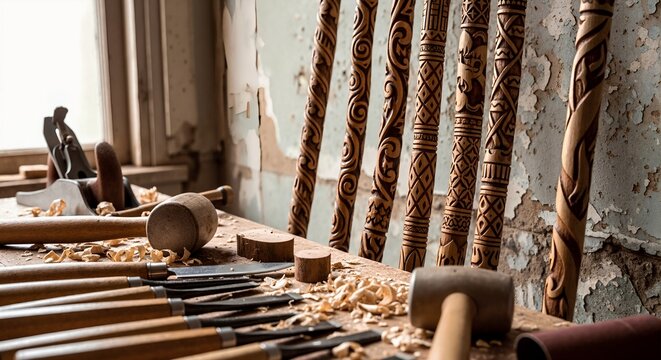 Intricately carved wooden walking sticks in a rustic workshop. Woodcarving tools and shavings on a workbench. Handmade traditional craft concept