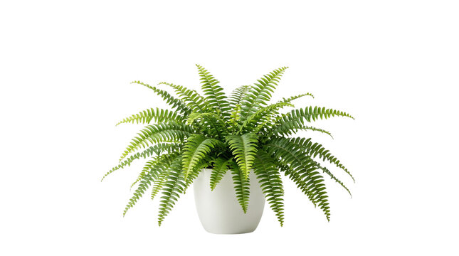 Lush green fern houseplant in white ceramic pot, vibrant indoor fern plant for home decor, botanical interior design element isolated PNG with Transparent Background