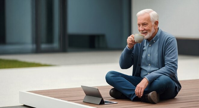 Smiling senior man drinking coffee and using a tablet while sitting on an outdoor deck. Happy elderly person enjoying retirement and technology at home