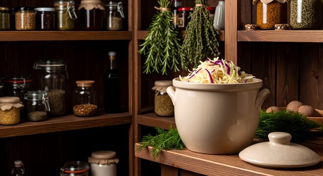 A ceramic crock of shredded cabbage for making sauerkraut. Homemade food fermentation and preserving in a rustic pantry with herbs and jars