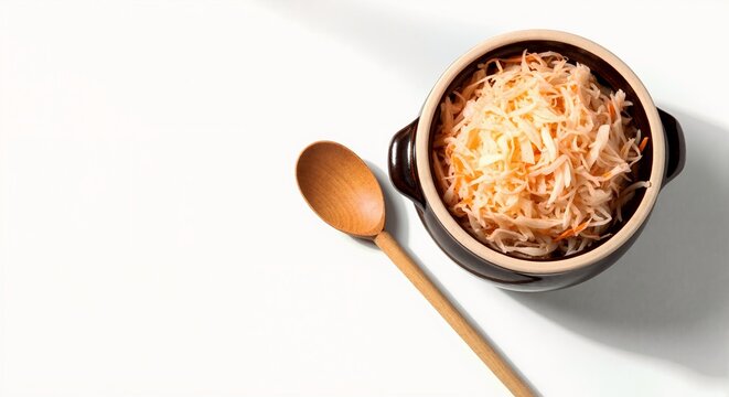 Top view of homemade sauerkraut in a rustic ceramic bowl. Fermented cabbage with carrots and a wooden spoon on a white background. Healthy probiotic food concept with copy space