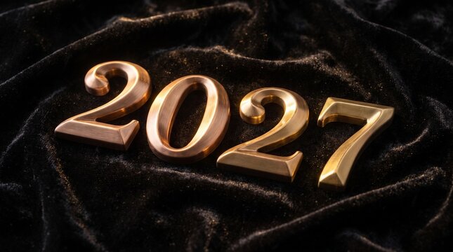 Glossy metallic year number twenty twenty seven on dark velvet fabric background