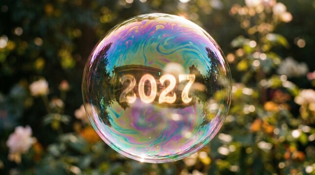 Glowing soap bubble with year 2027 floating in outdoor greenery with 2027 inside