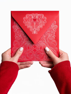 A person's hands hold a red envelope with white ornate designs, including a heart on the flap.