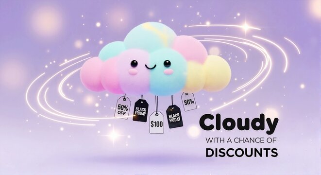 Cute smiling pastel cloud character with hanging price tags. Cloudy with chance of discounts text. Black Friday retail sale promotion banner