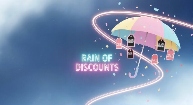 Rain of discounts neon text with pastel umbrella and black friday sale tags. Autumn shopping promotion banner with copy space. Retail marketing background