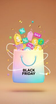 Black Friday shopping bag with colorful discount icons. Pastel gradient retail bag with sale tags and coins. E-commerce promotion and holiday shopping season banner