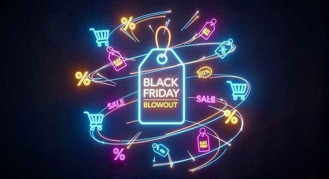 Neon Black Friday blowout sale sign on dark background. Glowing price tag with shopping cart and discount percentage icons. Retro futuristic retail promotion banner