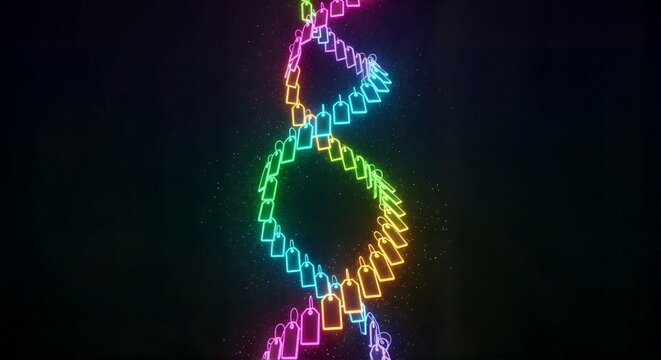 Glowing DNA double helix made of neon price tags on dark background. Retail consumerism and shopping habits metaphor. Digital marketing and e-commerce