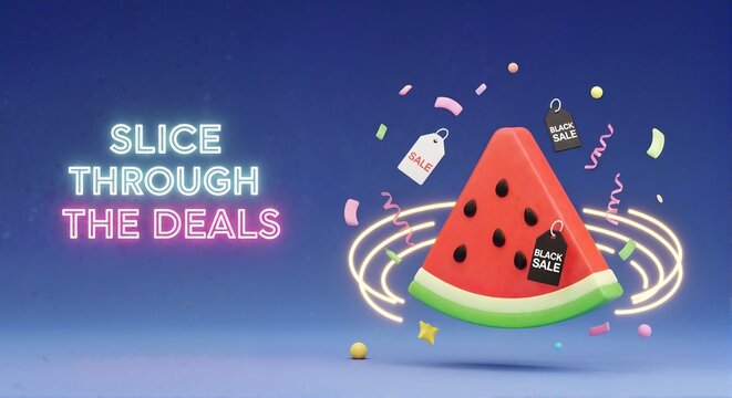 Watermelon slice with sale tags and neon text. Slice through deals summer promotion banner. Retail discount and marketing campaign