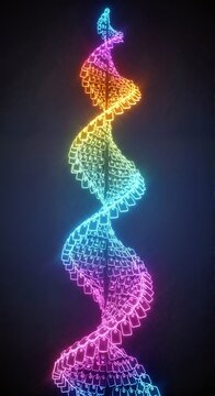 Glowing neon price tag dna double helix structure. Rainbow gradient consumerism and retail genetics. Abstract shopping background