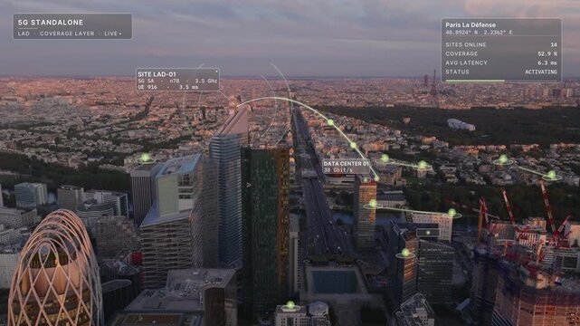 Aerial flight over Paris La Defense at golden hour: office towers above the city with glass interface overlay, 5G coverage card and signal arcs to rooftop sites. Concept of edge computing, 5G