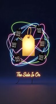 Glowing golden price tag with black friday sale labels and neon lights. Sale is on neon sign on dark background. Retail promotion and shopping discount banner