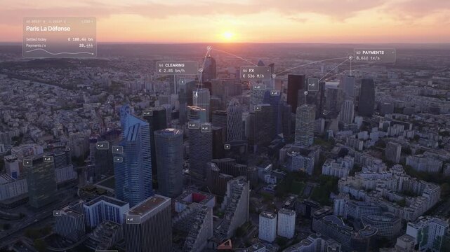 Aerial view of Paris at sunset: La Defense business district towers under the setting sun with glass interface overlay, city data card in euro and payment arcs. Concept of fintech, European finance