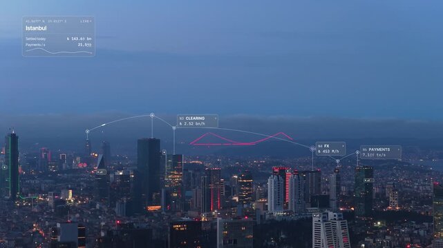 Aerial view of Istanbul at blue hour: Levent skyline and red lit bridge over the Bosphorus with glass interface overlay, city data card in lira and payment arcs. Concept of fintech, emerging markets