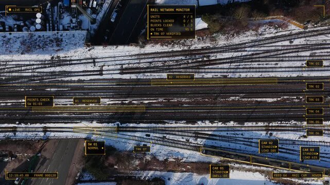 Aerial top down view of Bielefeld, Germany in winter snow: railway tracks and switches with amber operations HUD overlay, switch IDs, track labels, status panel. Concept of rail network, signalling