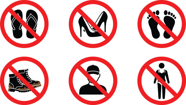 Dress Code and Footwear Restriction Prohibited Sign Icon Set with No Flip Flops, High Heels, Barefoot, Dirty Boots, Caps, and Swimwear Symbols