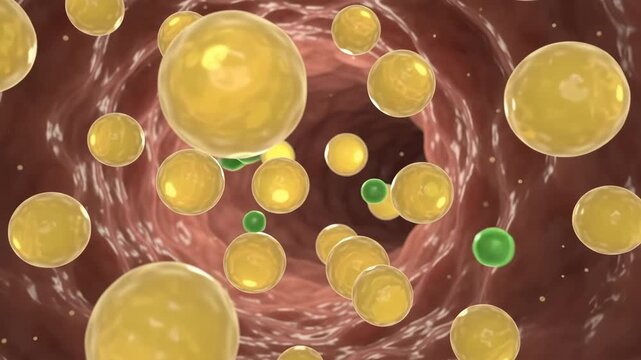 Microscopic view for medical education and health science Illustrating fat cells and cholesterol within blood vessels, crucial for understanding metabolic health processes