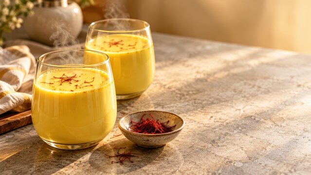 Warm saffron milk in clear glasses with visible spice threads