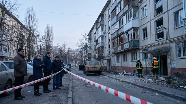 Habitants examinant les d&eacute;g&acirc;ts dans une rue r&eacute;sidentielle