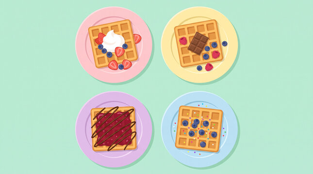 Quatre gaufres illustr&eacute;es avec garnitures sur fonds pastel