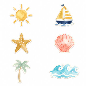 &Eacute;l&eacute;ments aquarelle de vacances en bord de mer isol&eacute;s