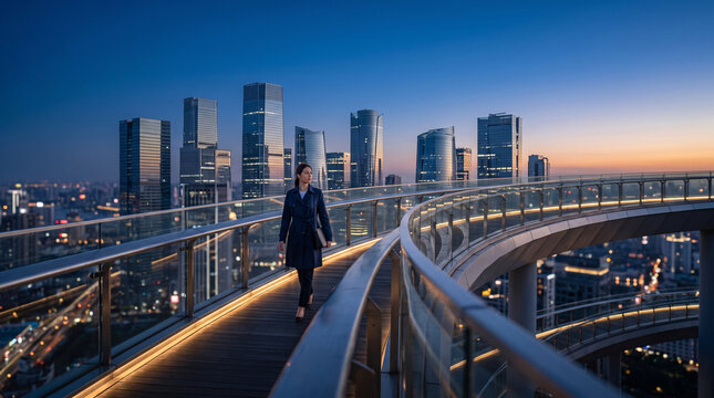 Femme marchant sur une passerelle au-dessus d&rsquo;une ville illumin&eacute;e