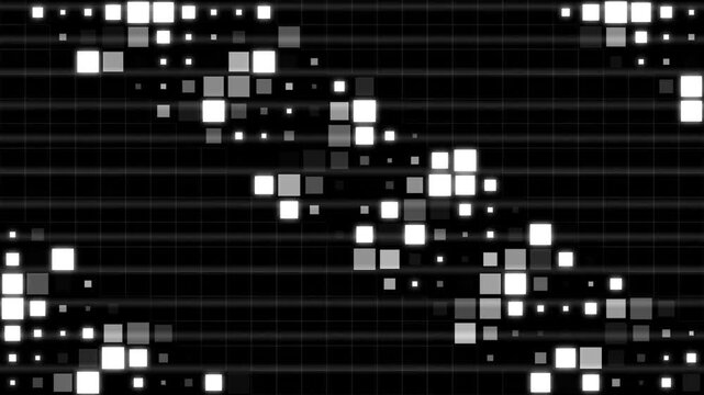 Abstract digital background, with glowing white, squares moving on, dark grid pattern