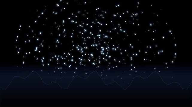 Abstract digital particle rain motion background, with glowing blue, light orbs and, dynamic waveform horizon line