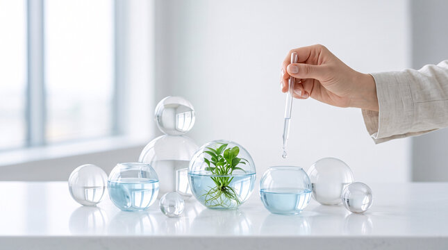 Main versant de l&rsquo;eau parmi des sph&egrave;res transparentes avec plantes