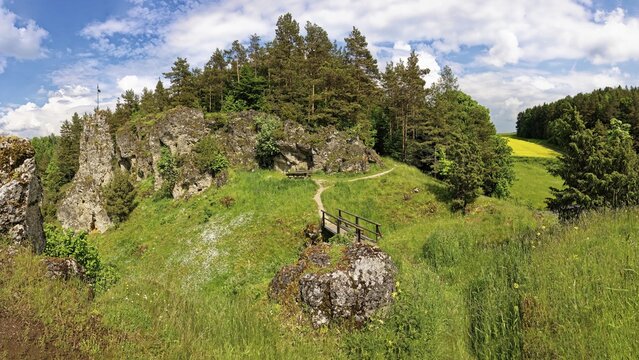 Franconian rock landscape with hiking trail, on the left rock tower Himmelsst&auml;uberer, Upper Franconia, Bavaria, Germany