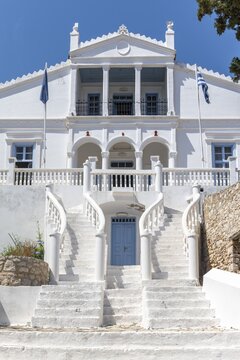 White noble mansion with curved stairs, Chalki, Dodecanese, Greece
