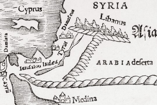 Cyprus and Syria, detail, earliest printed map of the entire African continent, woodcut by Sebastian M&uuml;nster from Cosmographia Universalis, Basel 1550, Switzerland