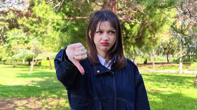 Young woman showing thumbs down gesture with disapproving face in a green park, negative look at camera, dislike, disapproval, rejection, bad review and failure concept outdoors, unhappy and displease