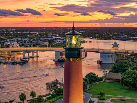 aerial view of lighthouse in Jupiter Inlet at sunset