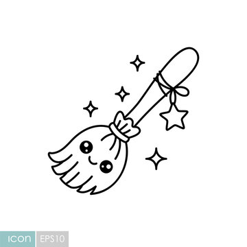 Cute witch broom Halloween kawaii icon