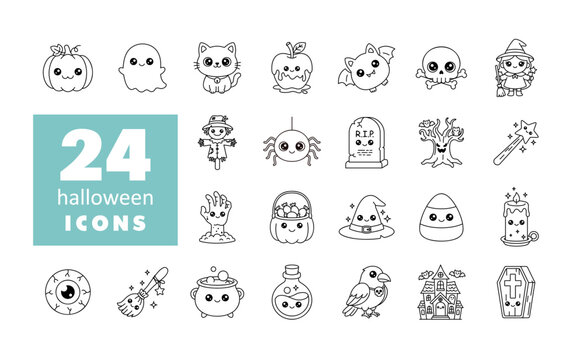Cute Halloween line icons set kawaii