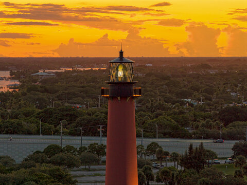 sunset aerial view of Jupiter lighthouse light 