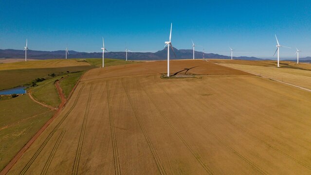 Aerial view of wind turbines in a rural landscape with golden fields and rolling hills under a clear blue sky in Caledon, Western Cape, South Africa.