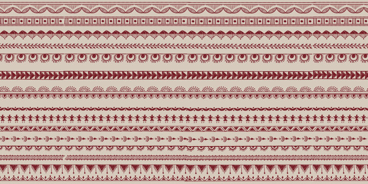 Hand drawn seamless Warli tribal horizontal borders with geometric bands, sun motifs, dancing figures, leaves and triangles in terracotta on beige for textile, packaging and wallpaper design